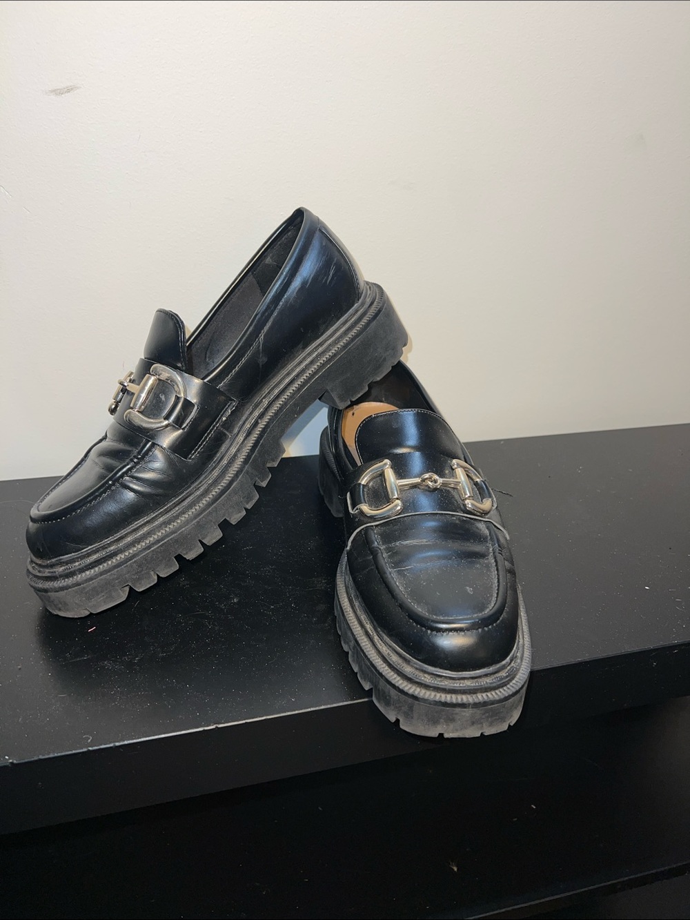 H&M Black Chunky Loafers with Gold Buckle